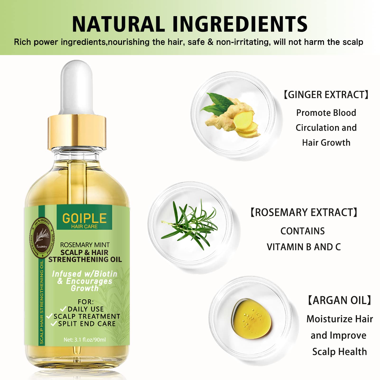 Organic Rosemary Oil For Hair Growth 3.1 FL OZ, Pure Natural Scalp Hair Growth Oil With Essential Oils, Rosemary Hair Oil Nourishing Treatment For Split Ends, Dry Scalp, Hair Growth