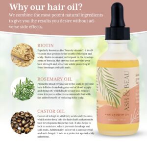 Ash & Beau Hair Growth Oil with Biotin, Rosemary, Castor, Tea Tree, Ginger - Growth Treatment That Promotes Thicker, Longer & Stronger Hair (60ml)