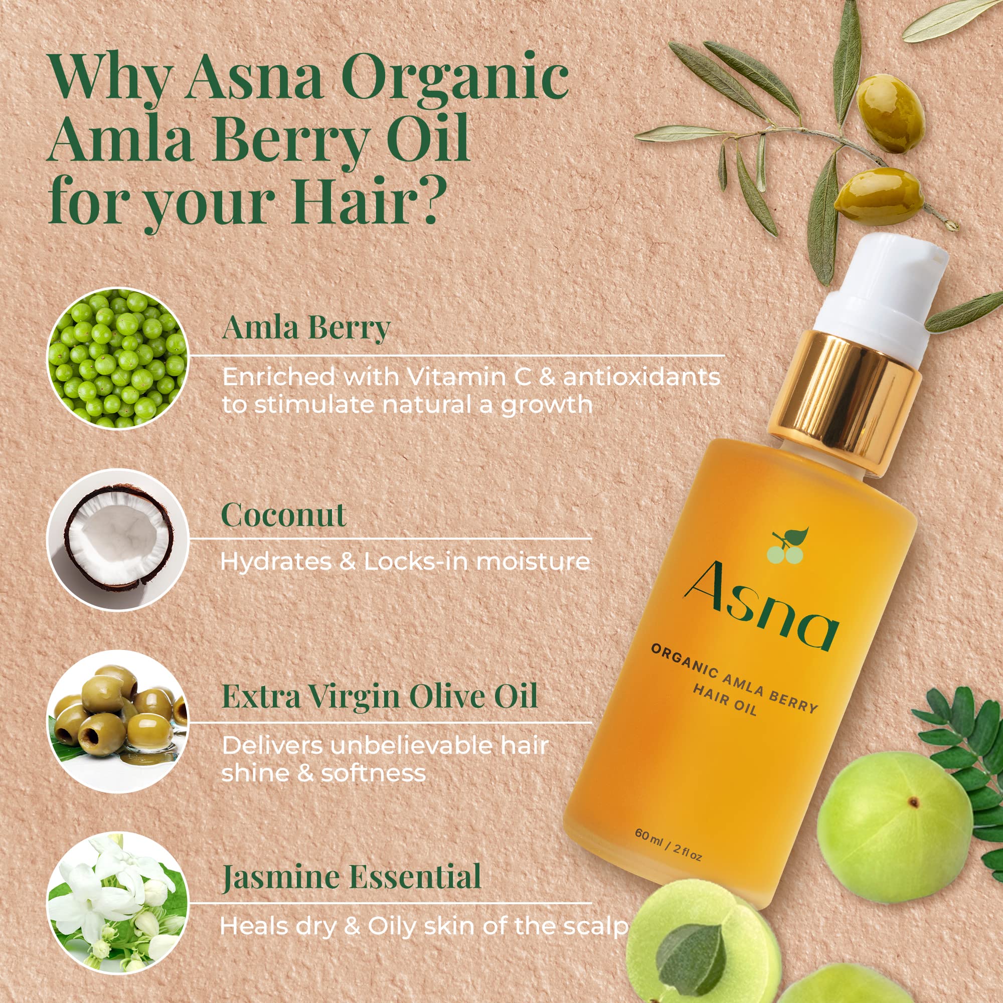 Asna Amla Berry Hair Oil, 100% COLD-PRESSED, Organic, STIMULATES NATURAL GROWTH, Nourishes & Moisturizes Hair/Scalp, AYURVEDIC Blend of VITAMIN C, Antioxidants, Essential Fatty Acids, 30ml (1 oz)