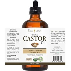 EASY LOOK Castor Oil 4oz, USDA Certified Organic 100% Pure, Stimulate Growth for Eyelashes, Eyebrows, Hair. Skin Moisturizer & Hair Treatment Starter Kit