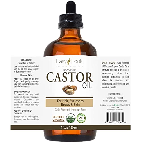 EASY LOOK Castor Oil 4oz, USDA Certified Organic 100% Pure, Stimulate Growth for Eyelashes, Eyebrows, Hair. Skin Moisturizer & Hair Treatment Starter Kit