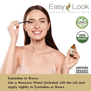 EASY LOOK Castor Oil 4oz, USDA Certified Organic 100% Pure, Stimulate Growth for Eyelashes, Eyebrows, Hair. Skin Moisturizer & Hair Treatment Starter Kit