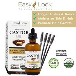 EASY LOOK Castor Oil 4oz, USDA Certified Organic 100% Pure, Stimulate Growth for Eyelashes, Eyebrows, Hair. Skin Moisturizer & Hair Treatment Starter Kit