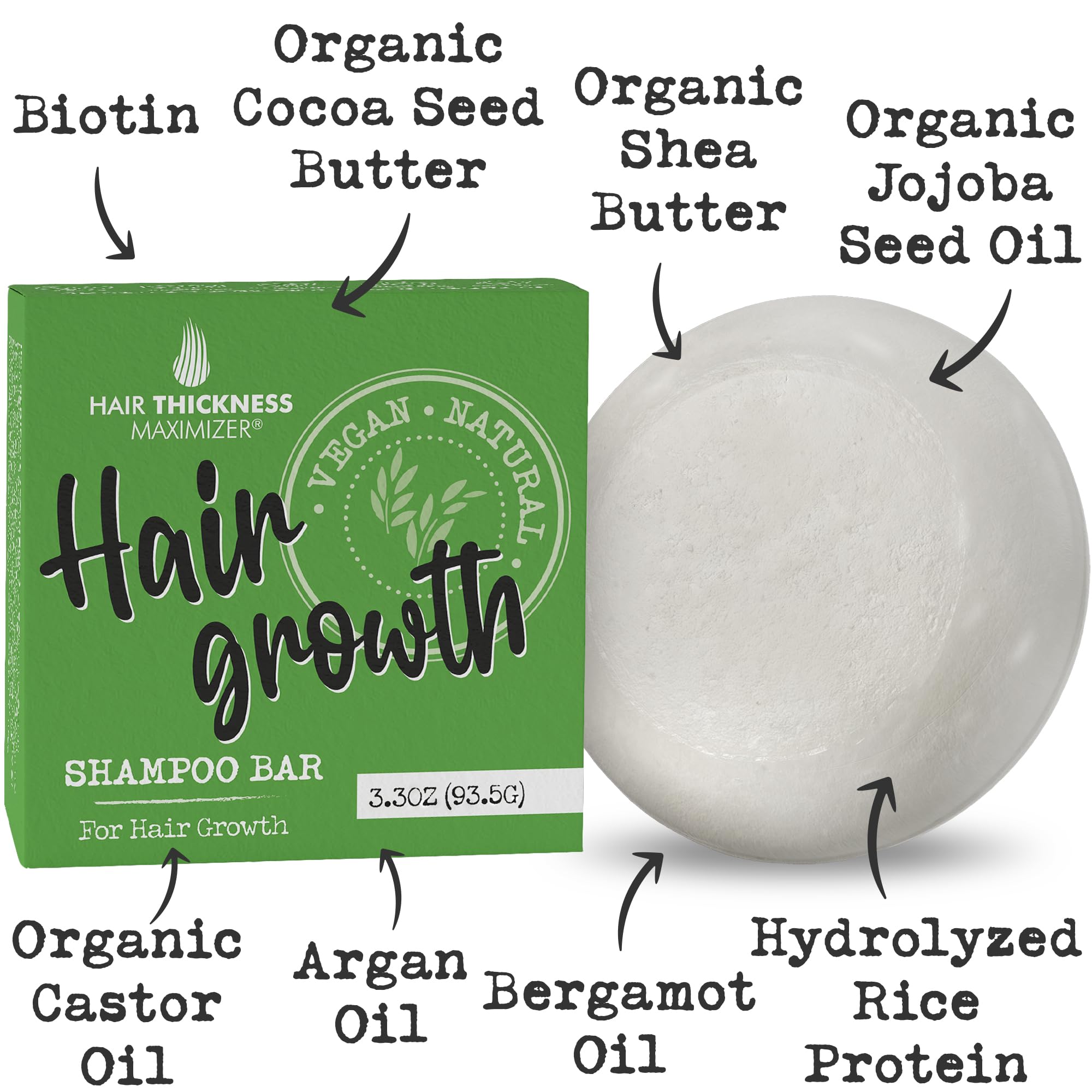 Hair Growth Shampoo Bar With Biotin, Rice Protein, Organic Jojoba. Eco Friendly, Vegan. Color Safe, pH Balanced. No Harsh Chemicals. Higher Concentration vs. Liquid