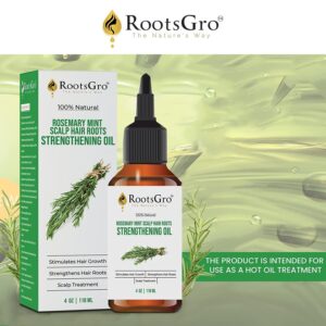 RootsGro 100% Natural Rosemary Mint Scalp Hair Oil - Blend of 30 Oils, Rosemary Oil, Peppermint Oil, Lavender Oil & More. Strengthens and Nourishes Hair Scalp | 4 ounce