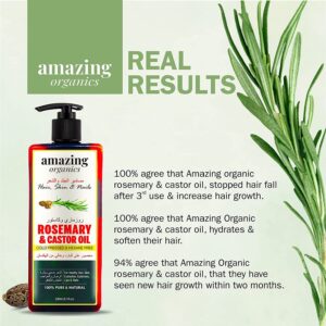 AmazingOrganics Rosemary and Castor Oil - 100% Pure Organic Non-GMO Cold-Pressed Castor Oil for Healthy Hair, Skin, Nails, Eyebrows, and Eyelashes 250 ml