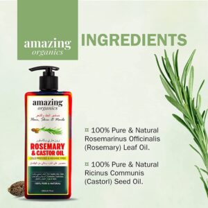 AmazingOrganics Rosemary and Castor Oil - 100% Pure Organic Non-GMO Cold-Pressed Castor Oil for Healthy Hair, Skin, Nails, Eyebrows, and Eyelashes 250 ml