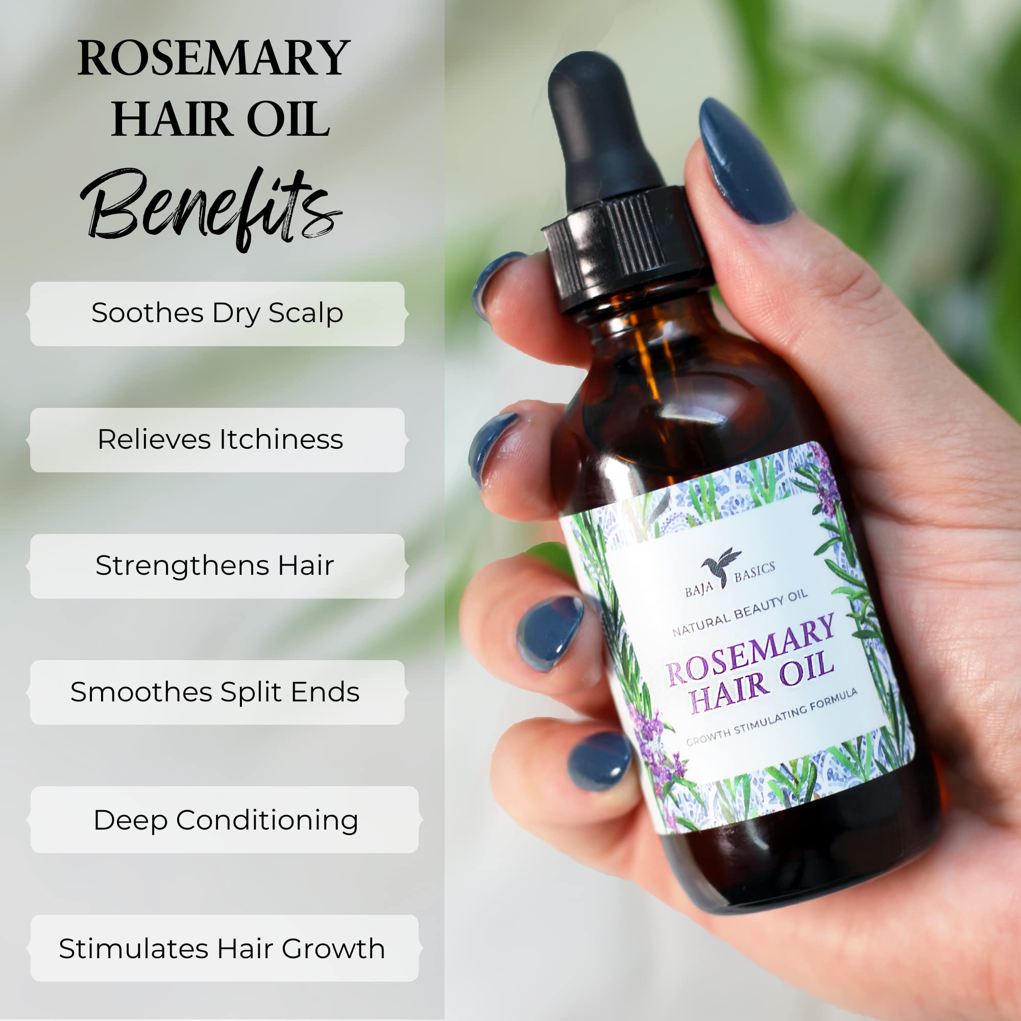 Rosemary Oil for Hair Growth by Baja Basics Organic Rosemary Oil for Hair, Moisturizing Hair Oil for Split Ends and Dry Scalp, Hair Strengthening, For all Hair Types 1 oz