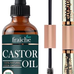 Castor Oil Organic (2oz) + FREE Filled Mascara Tube USDA Certified, 100% Pure, Cold Pressed, Hexane Free by Live Fraiche. Hair Growth Oil for Eyelashes, Eyebrows, Lash Growth Serum. Brow Treatment