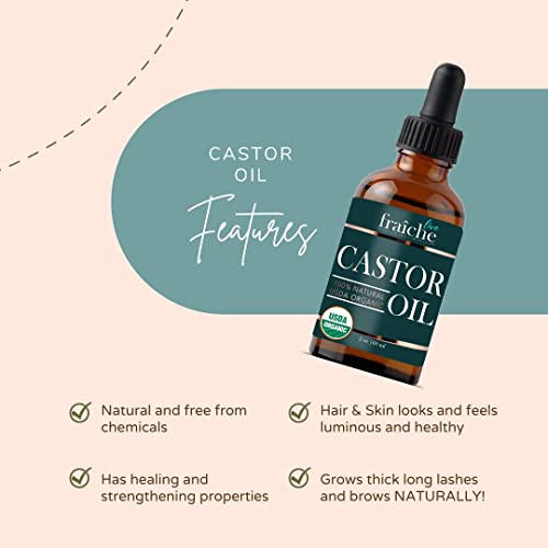 Castor Oil Organic (2oz) + FREE Filled Mascara Tube USDA Certified, 100% Pure, Cold Pressed, Hexane Free by Live Fraiche. Hair Growth Oil for Eyelashes, Eyebrows, Lash Growth Serum. Brow Treatment