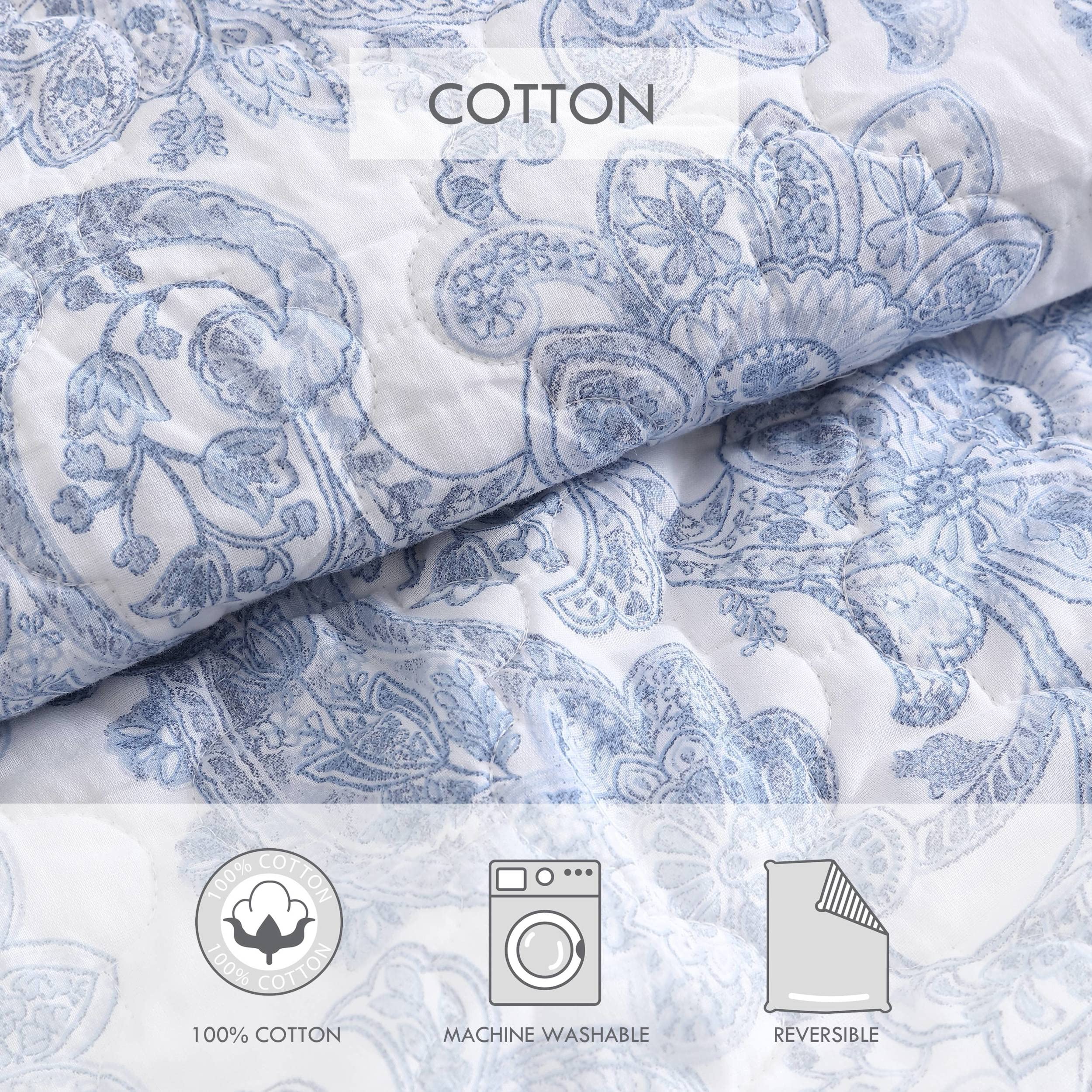 Stone Cottage- Queen Quilt Set, Cotton Reversible Bedding Set, All Season Cottage Home Décor (Field of Paisley Blue, Queen)