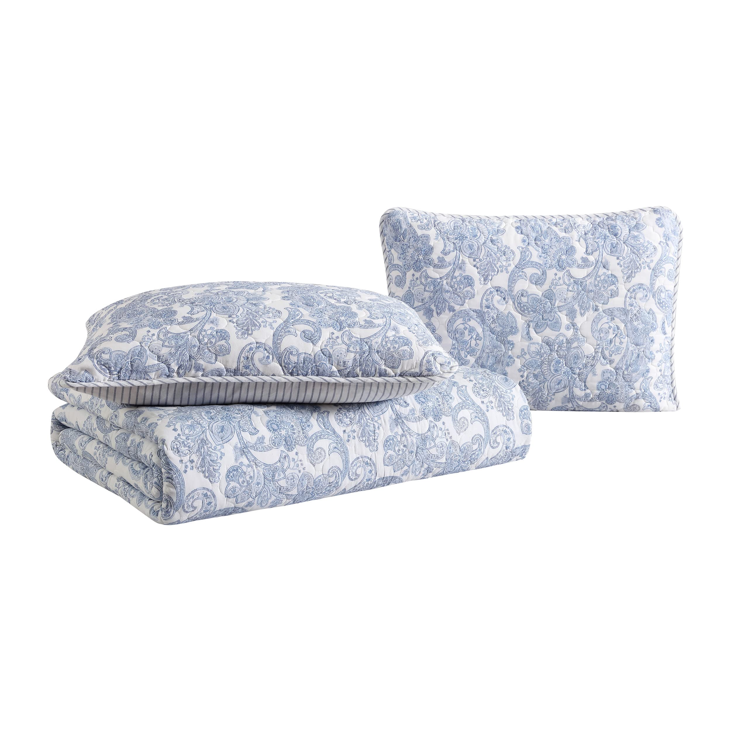 Stone Cottage- Queen Quilt Set, Cotton Reversible Bedding Set, All Season Cottage Home Décor (Field of Paisley Blue, Queen)