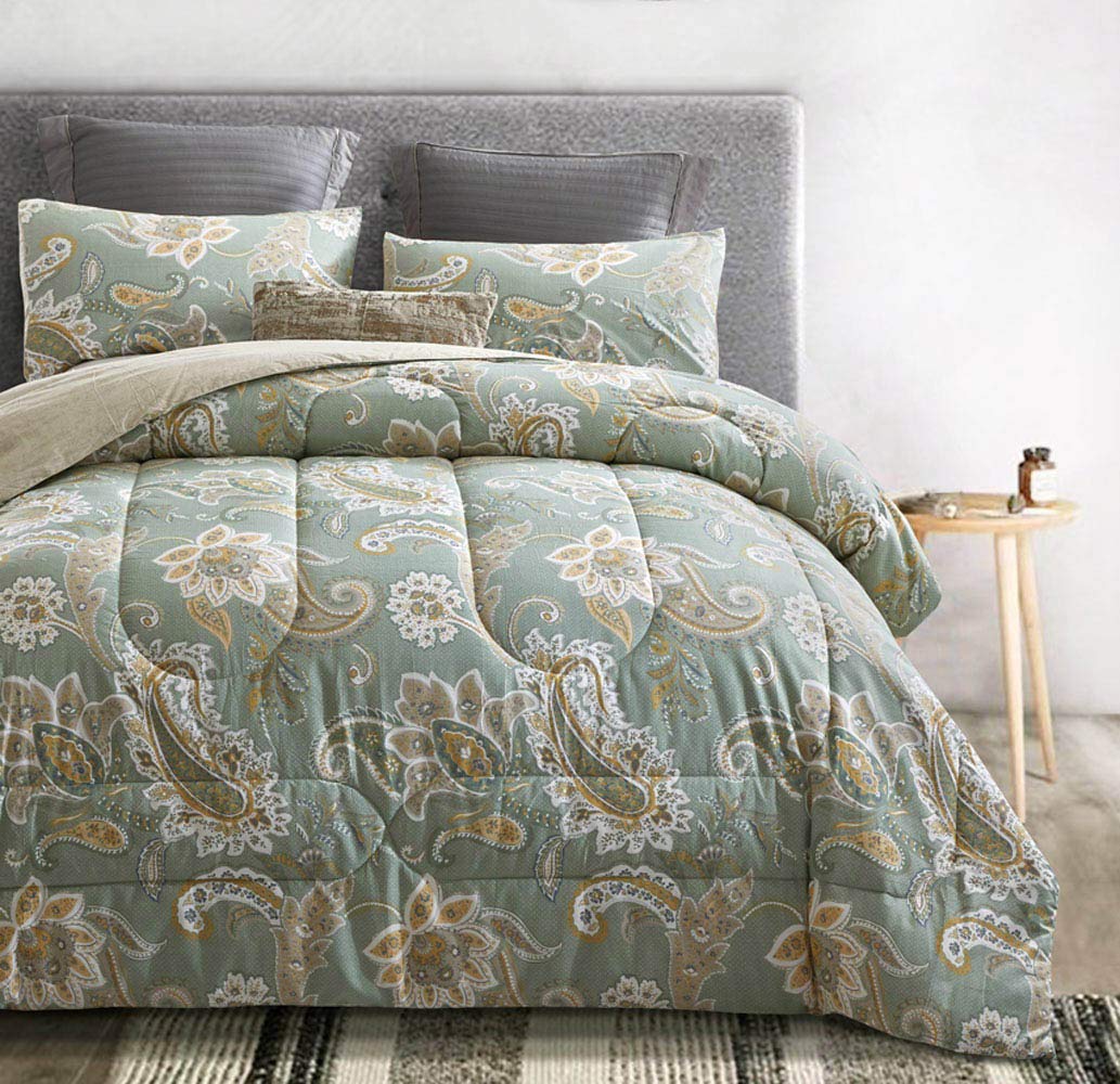 ATsense Paisley Comforter Set King, All Season 3-Piece 100% Cotton Fabric, Soft Microfiber Filled Bedding, Lightweight Reversible Duvet Insert (Sage Green, MEZY)