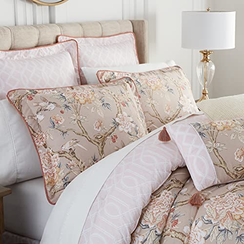 Waverly Peony Gardens 4 Piece Cotton Comforter Set, Embellished All Season Bedding, includes One Comforter, One Bed Skirt and Two Pillow Shams, Machine Washable Queen Bed Set, Taupe