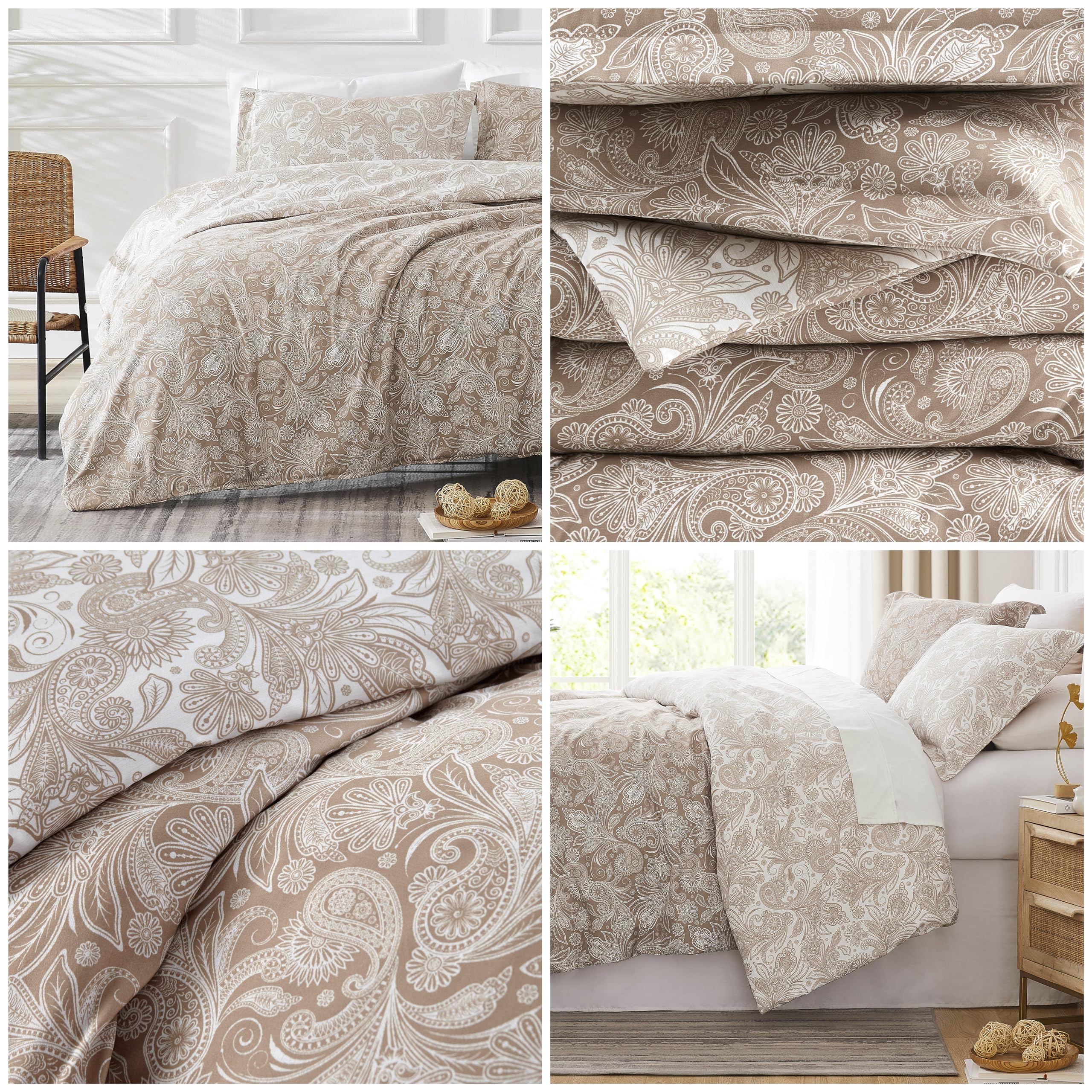 Southshore Fine Living, Inc. Oversized Full/Queen Comforter Set, Down Alternative Paisley Bedspread, Reversible Print is 2 Colors in 1, Queen/Full Comforter & Matching Shams, Taupe/White