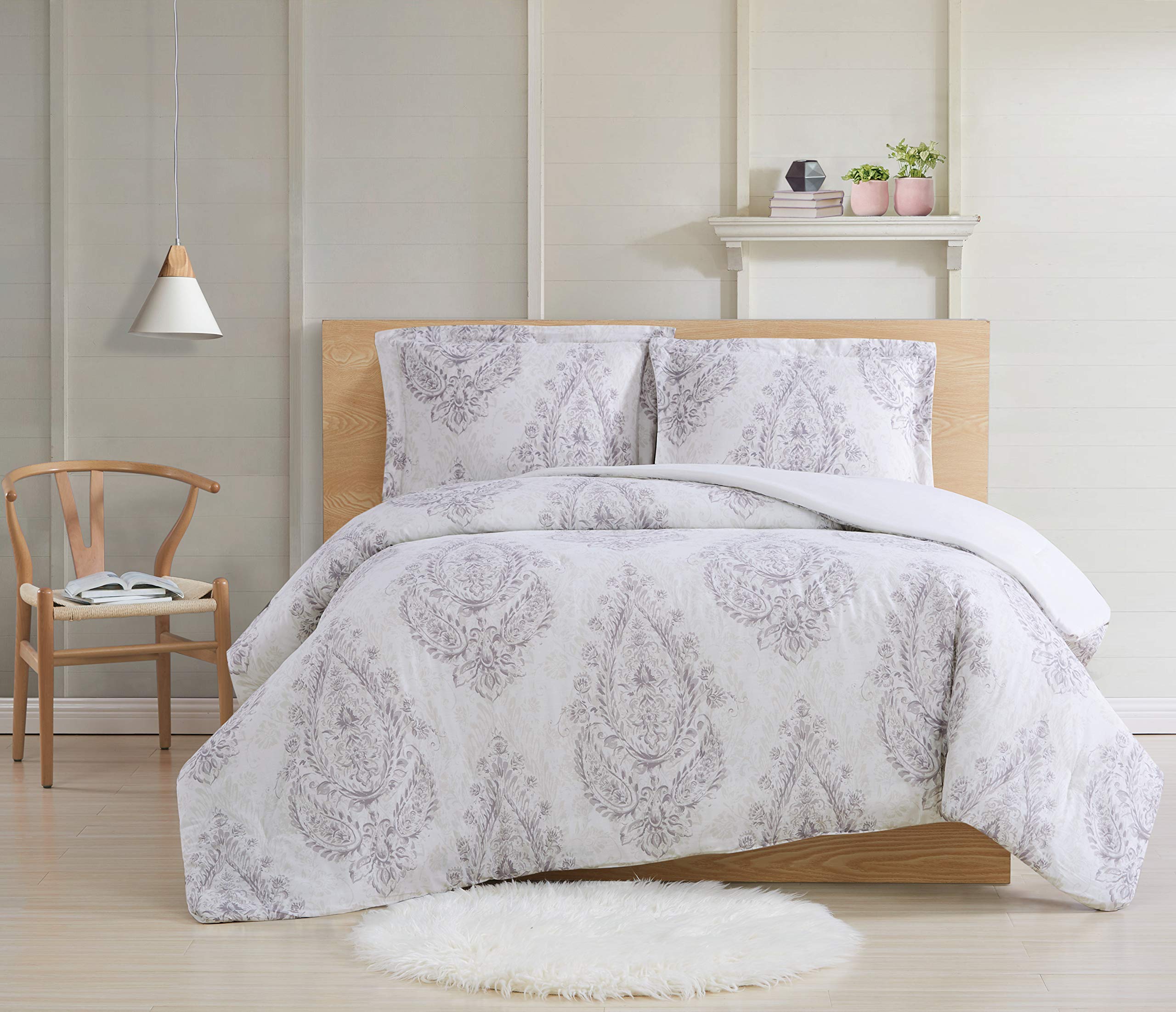 Cottage Classics 3-Piece Farmhouse Style Comforter and Sham Set Blossom Traditional Paisley, Full/Queen, Purple