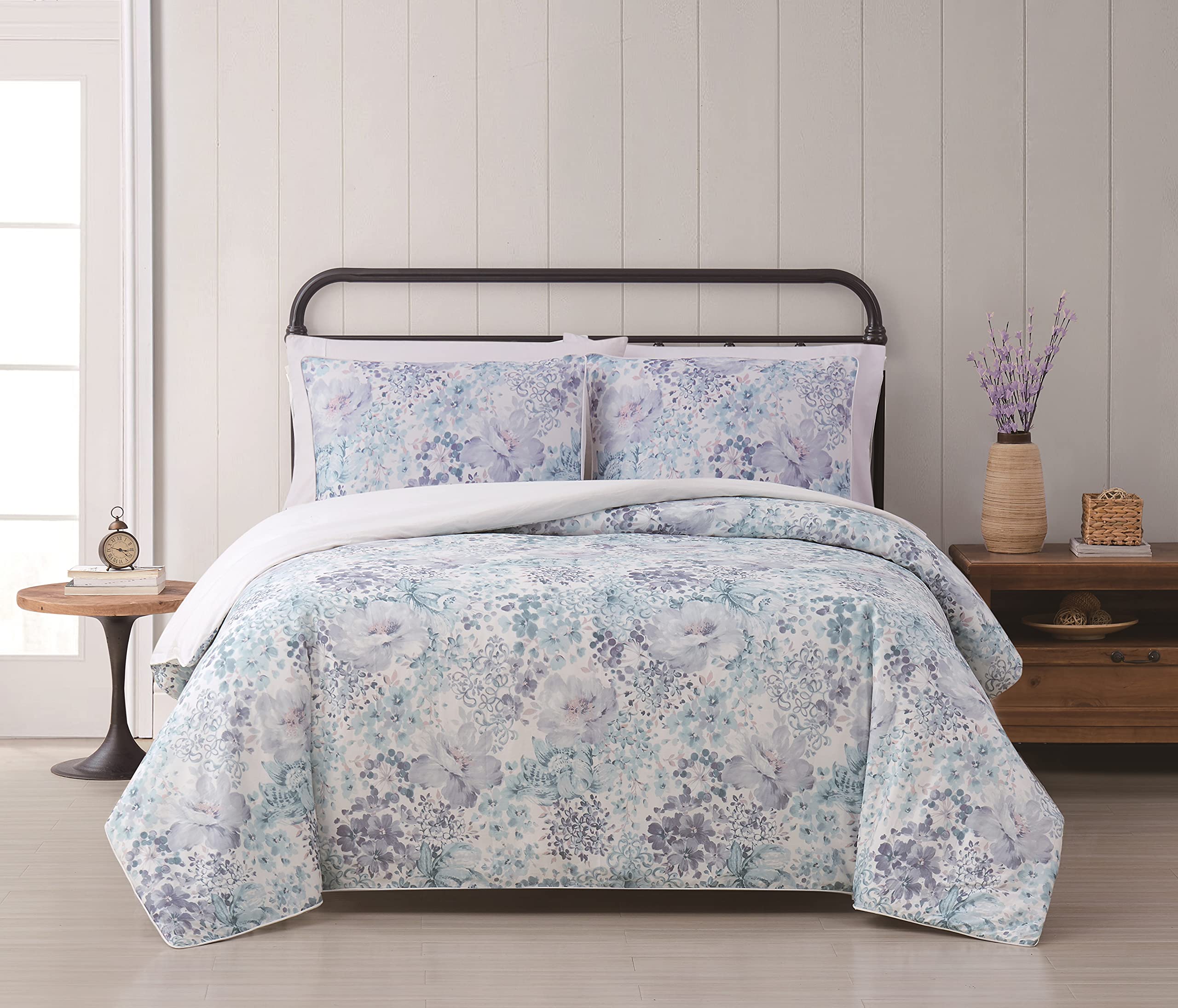 Cottage Classics - King Charlotte Floral 3-Piece Farmhouse Style Comforter and Sham Set - Modern Floral Print - Blue