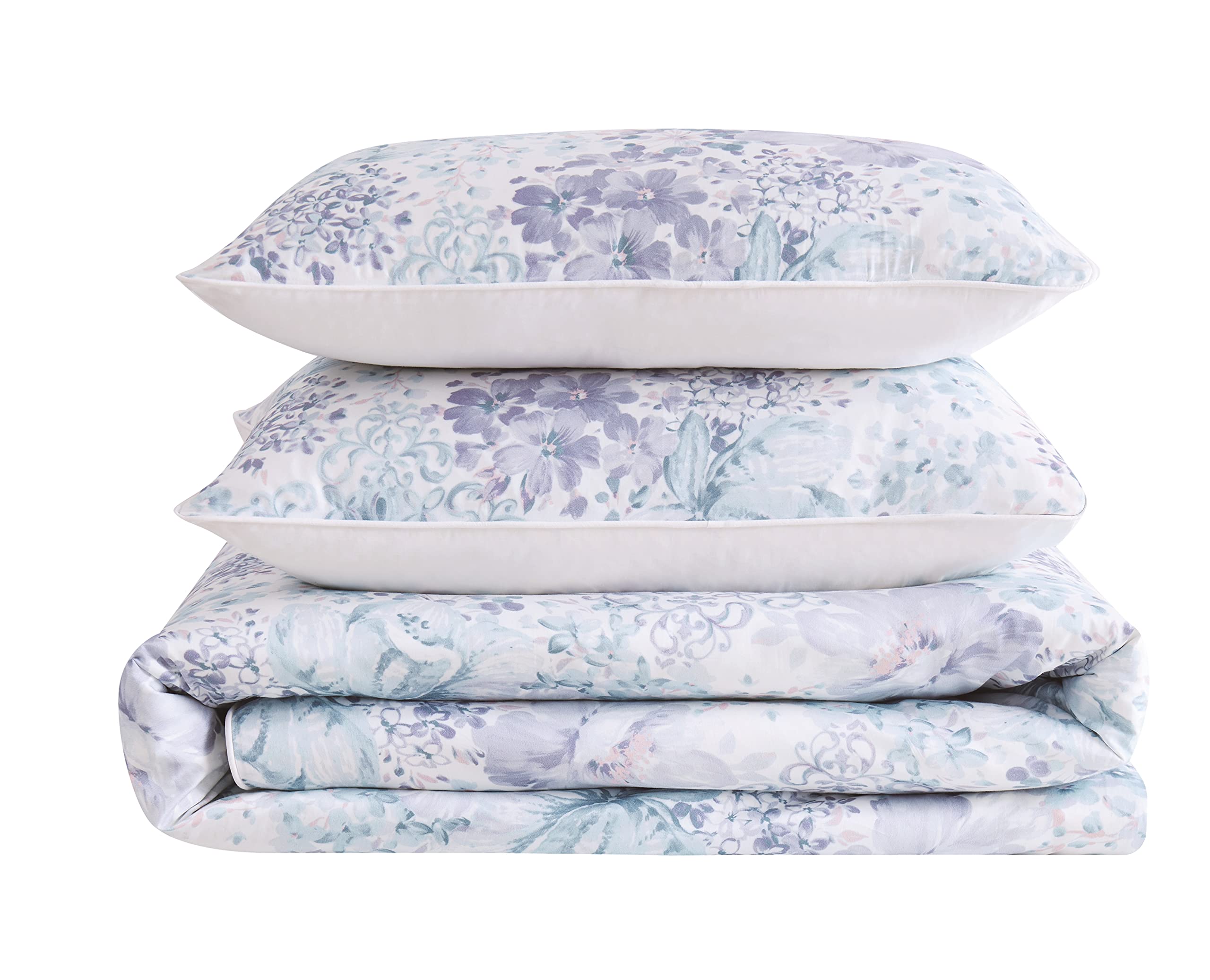 Cottage Classics - King Charlotte Floral 3-Piece Farmhouse Style Comforter and Sham Set - Modern Floral Print - Blue