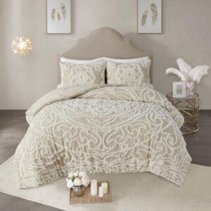 madison park laetitia comforter bohemian tufted cotton chenille, medallion shabby chic all season down alternative bed set with matching shams, floral taupe king/cal king(104"x92") 3 piece