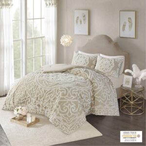 Madison Park Laetitia Comforter Bohemian Tufted Cotton Chenille, Medallion Shabby Chic All Season Down Alternative Bed Set with Matching Shams, Floral Taupe King/Cal King(104"x92") 3 Piece