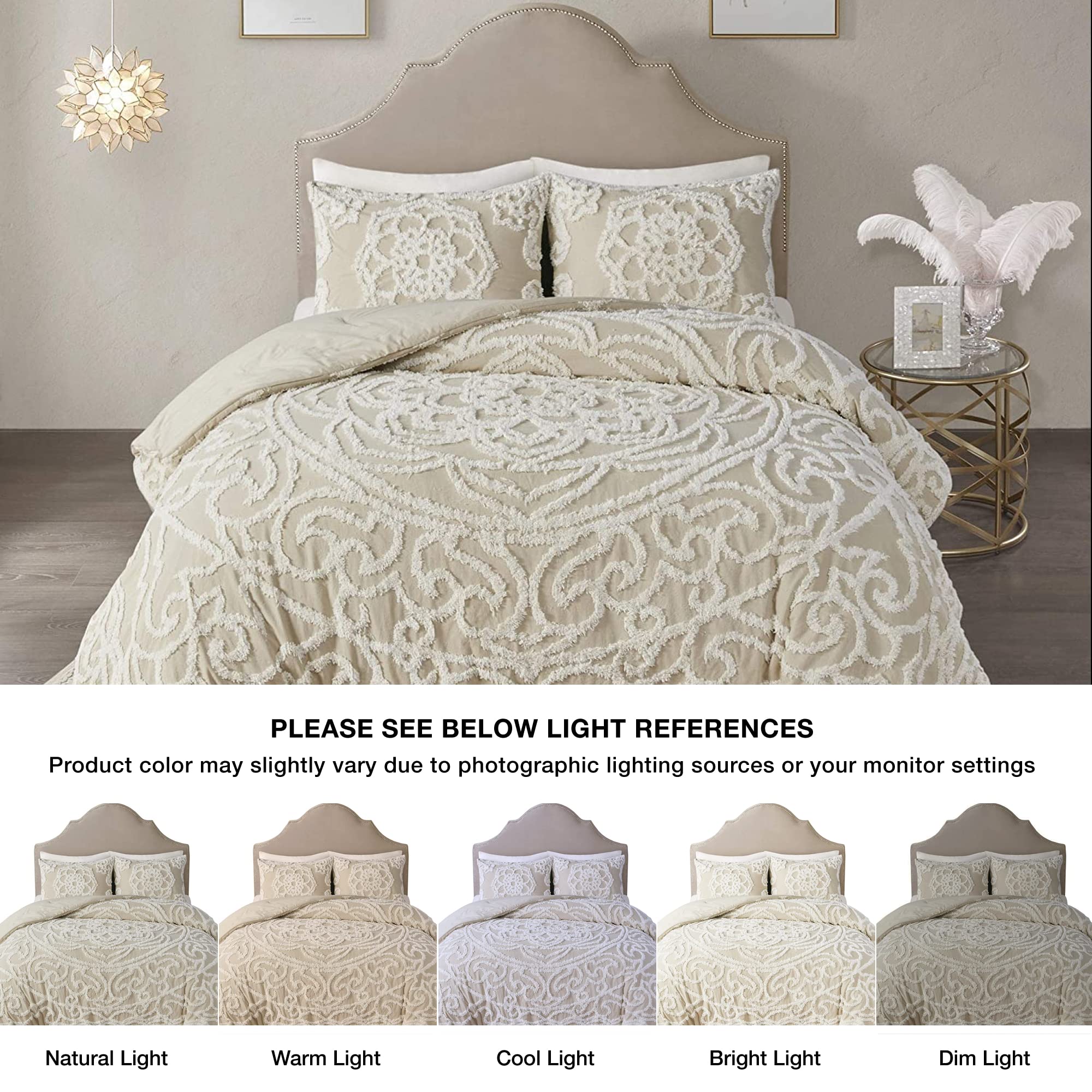 Madison Park Laetitia Comforter Bohemian Tufted Cotton Chenille, Medallion Shabby Chic All Season Down Alternative Bed Set with Matching Shams, Floral Taupe King/Cal King(104"x92") 3 Piece