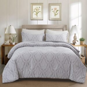 lotus karen 3 pieces boho floral grey comforter set full/queen size vintage damask paisley medallion pattern bedding set soft embroidered comforter with 2 pillow cases for all season