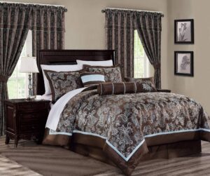 chezmoi collection tuscany 7-piece blue brown paisley floral jacquard comforter bedding set, king size