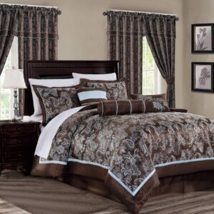 Chezmoi Collection Tuscany 7-Piece Blue Brown Paisley Floral Jacquard Comforter Bedding Set, King Size