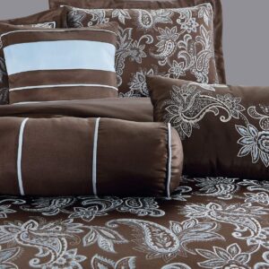 Chezmoi Collection Tuscany 7-Piece Blue Brown Paisley Floral Jacquard Comforter Bedding Set, King Size