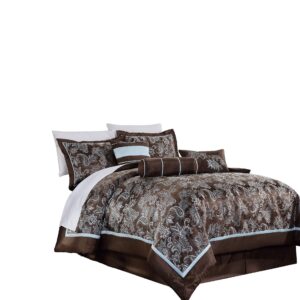 Chezmoi Collection Tuscany 7-Piece Blue Brown Paisley Floral Jacquard Comforter Bedding Set, King Size