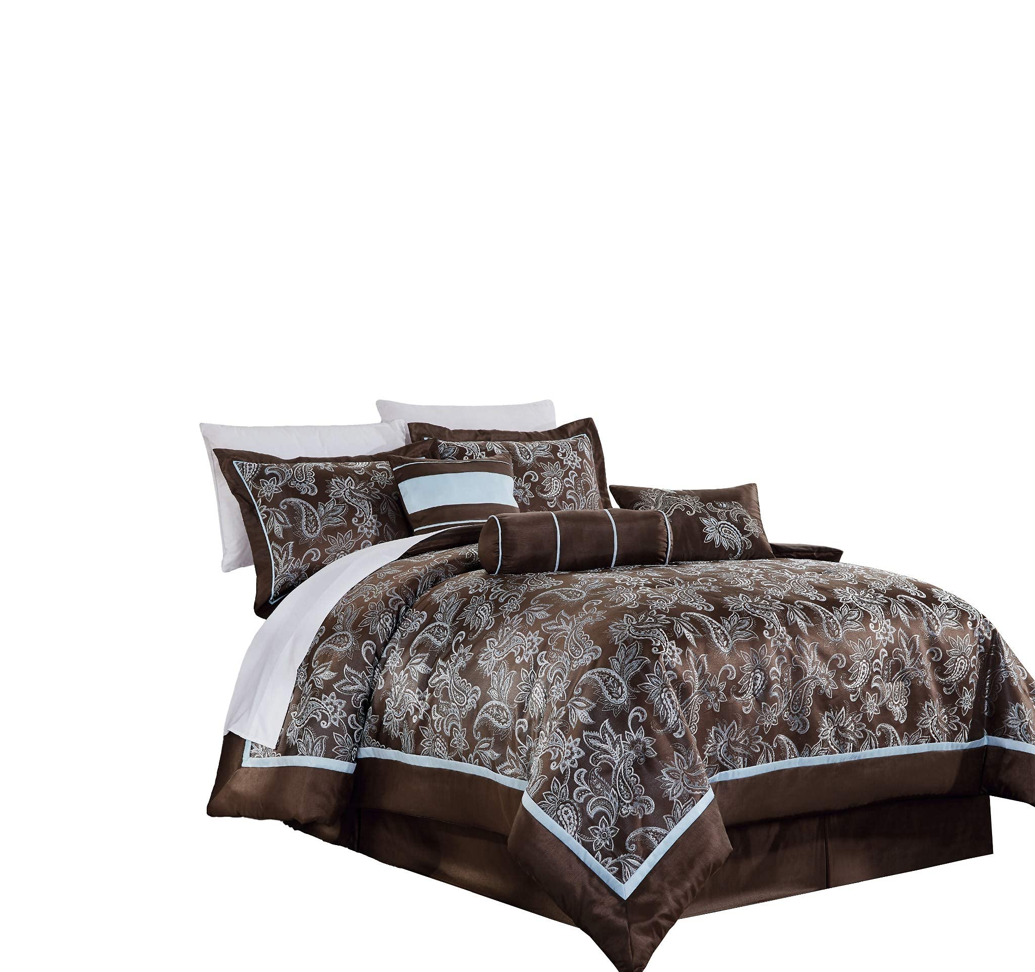 Chezmoi Collection Tuscany 7-Piece Blue Brown Paisley Floral Jacquard Comforter Bedding Set, King Size