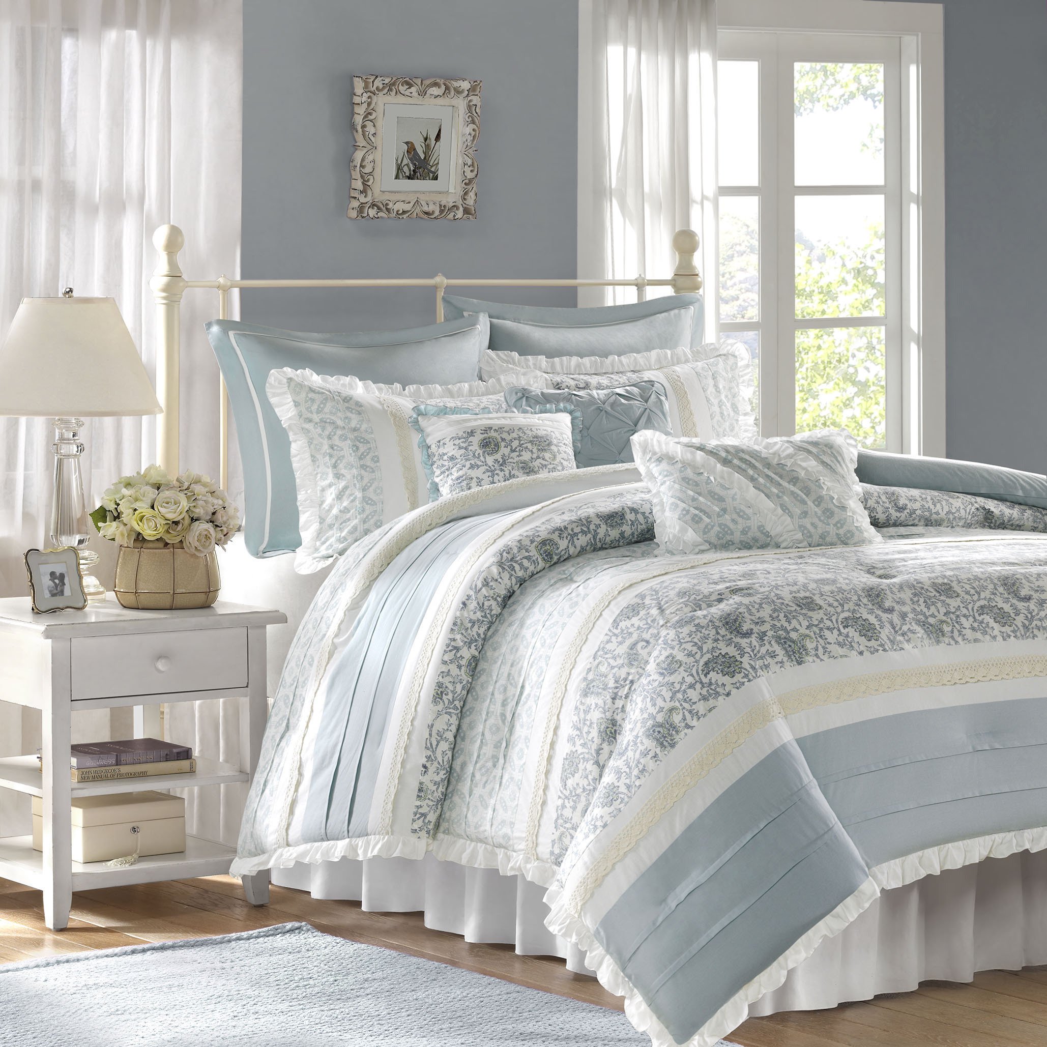 HGB Madison Park Shabby Chic Paisley Periwinkle and Green Soft Blue Dawn Bedding Queen Comforter with Lace and Ruffles (9 Piece in Bag)