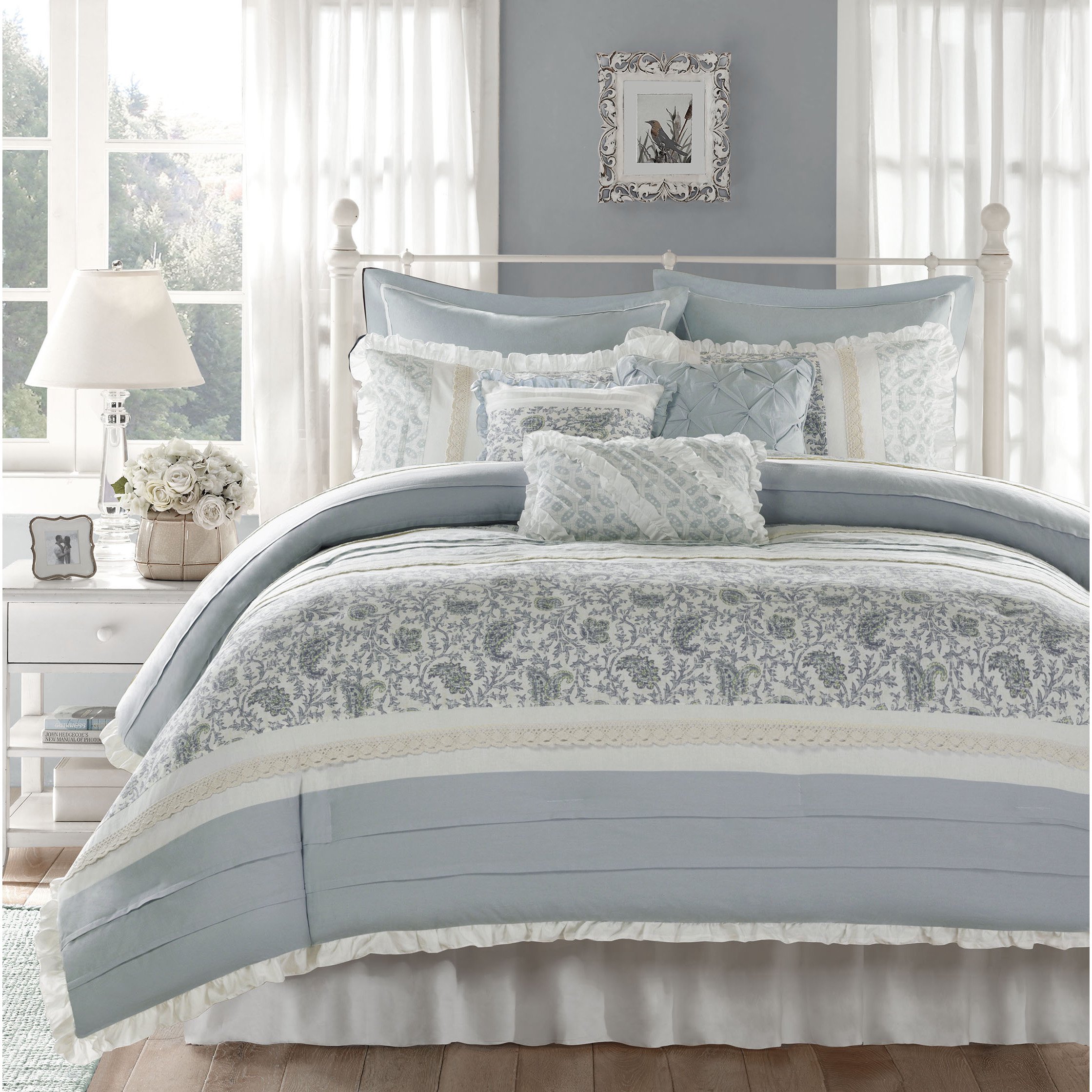 HGB Madison Park Shabby Chic Paisley Periwinkle and Green Soft Blue Dawn Bedding Queen Comforter with Lace and Ruffles (9 Piece in Bag)