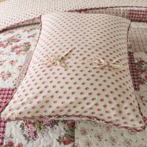 SLPR Country Roses Patchwork Cotton Pieced Quilt Set - Queen Size with 2 Shams, French Country Style Floral Bedding, Red Rose Farmhouse Quilted Bedspread with Flower Pattern