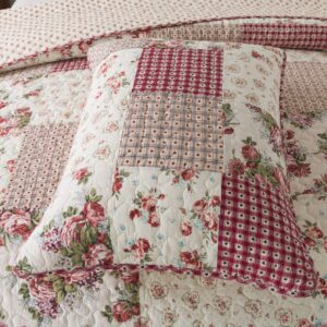 SLPR Country Roses Patchwork Cotton Pieced Quilt Set - Queen Size with 2 Shams, French Country Style Floral Bedding, Red Rose Farmhouse Quilted Bedspread with Flower Pattern