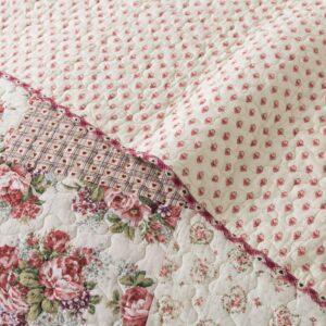 SLPR Country Roses Patchwork Cotton Pieced Quilt Set - Queen Size with 2 Shams, French Country Style Floral Bedding, Red Rose Farmhouse Quilted Bedspread with Flower Pattern