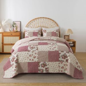 SLPR Country Roses Patchwork Cotton Pieced Quilt Set - Queen Size with 2 Shams, French Country Style Floral Bedding, Red Rose Farmhouse Quilted Bedspread with Flower Pattern