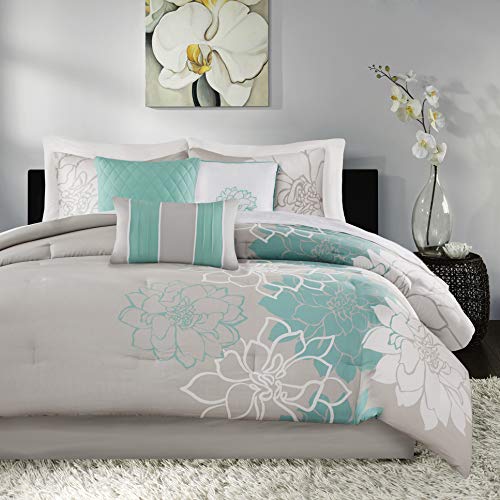 Madison Park Lola Sateen Cotton Comforter Set-Casual Medallion Floral Design All Season Down Alternative Bedding, Shams, Bedskirt, Decorative Pillows, Cal King, Grey/Aqua 7 Piece