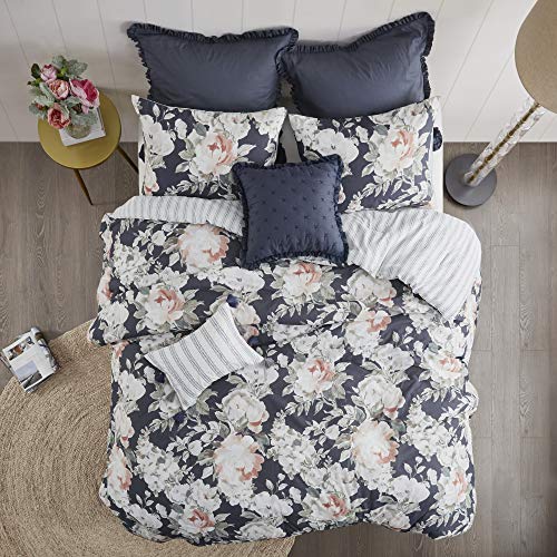 Madison Park 100% Cotton Comforter Set - Feminine Design Colorful Floral Print, All Season Down Alternative Bedding Layer and Matching Shams, California King (104 in x 92 in), Mavis, Dark Blue 8 Piece