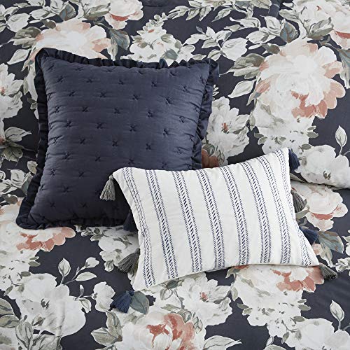 Madison Park 100% Cotton Comforter Set - Feminine Design Colorful Floral Print, All Season Down Alternative Bedding Layer and Matching Shams, California King (104 in x 92 in), Mavis, Dark Blue 8 Piece