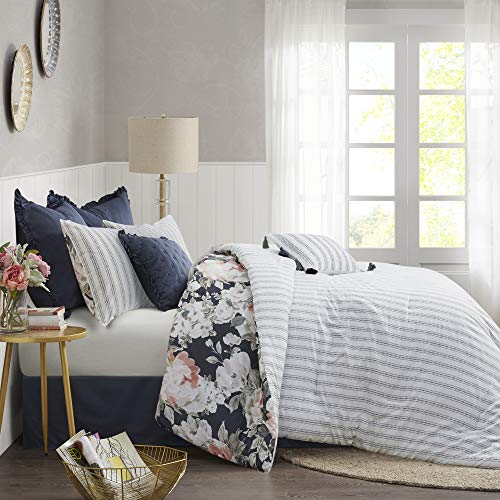 Madison Park 100% Cotton Comforter Set - Feminine Design Colorful Floral Print, All Season Down Alternative Bedding Layer and Matching Shams, California King (104 in x 92 in), Mavis, Dark Blue 8 Piece