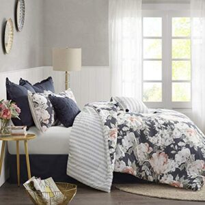 Madison Park 100% Cotton Comforter Set - Feminine Design Colorful Floral Print, All Season Down Alternative Bedding Layer and Matching Shams, California King (104 in x 92 in), Mavis, Dark Blue 8 Piece