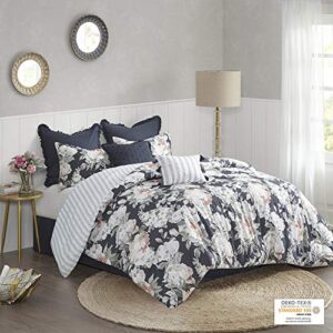 Madison Park 100% Cotton Comforter Set - Feminine Design Colorful Floral Print, All Season Down Alternative Bedding Layer and Matching Shams, California King (104 in x 92 in), Mavis, Dark Blue 8 Piece