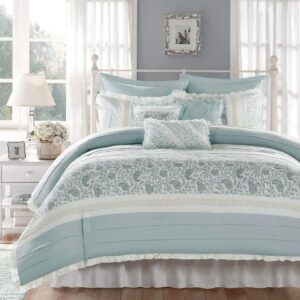 d&h 9 piece periwinkle blue green paisley comforter queen set, blue white shabby chic adult bedding master bedroom stylish pintuck ruffled pattern ruched elegant traditional cotton polyester