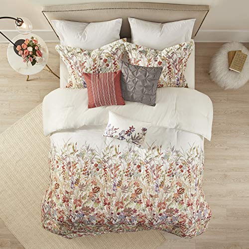 Madison Park 100% Cotton Comforter Set - Feminine Design Colorful Floral Print, All Season Down Alternative Bedding Layer and Matching Shams, King (104 in x 92 in), Mariana, Multi 7 Piece