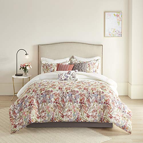 Madison Park 100% Cotton Comforter Set - Feminine Design Colorful Floral Print, All Season Down Alternative Bedding Layer and Matching Shams, King (104 in x 92 in), Mariana, Multi 7 Piece