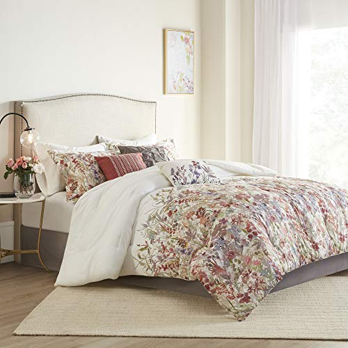 Madison Park 100% Cotton Comforter Set - Feminine Design Colorful Floral Print, All Season Down Alternative Bedding Layer and Matching Shams, King (104 in x 92 in), Mariana, Multi 7 Piece