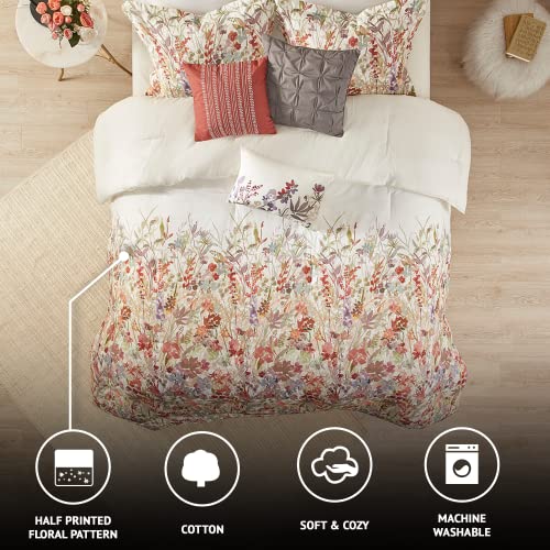 Madison Park 100% Cotton Comforter Set - Feminine Design Colorful Floral Print, All Season Down Alternative Bedding Layer and Matching Shams, King (104 in x 92 in), Mariana, Multi 7 Piece