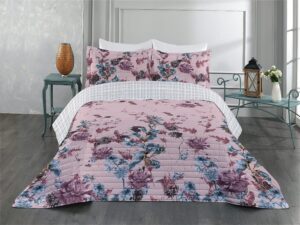 ambesonne vintage floral reversible bedspread set, nostalgic botanical garden artwork of floral blossoms and branches, pillow shams & comforter microfiber bedding set, king size, grey pink cadet blue