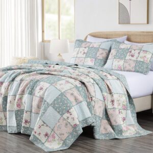 Chezmoi Collection Abbi 3-Piece Shabby Chic Bedding Queen Quilt Set Pre-Washed Cotton Floral Coverlet Bedspread Ruffled Patchwork Quilt Queen Size